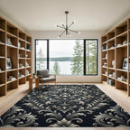 Silver Damask Floral Scroll Matte Black Rug