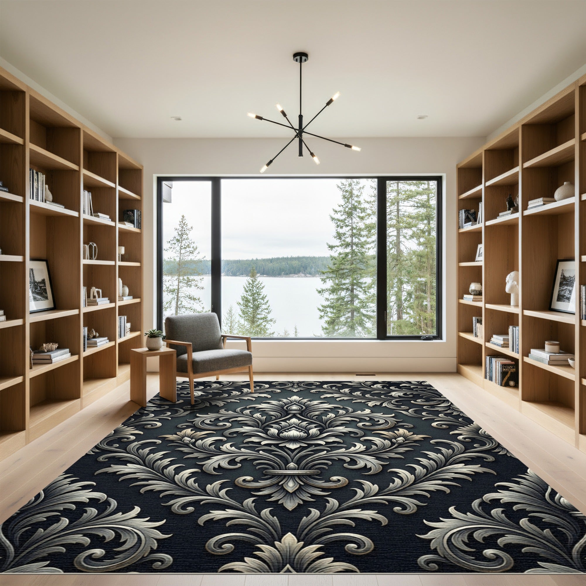 Silver Damask Floral Scroll Matte Black Rug