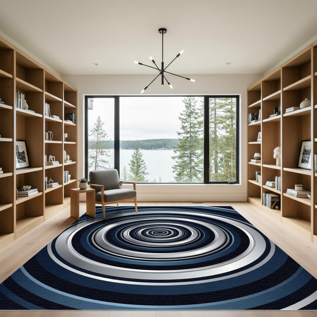 Modern Blue Silver Concentric Circle Rug