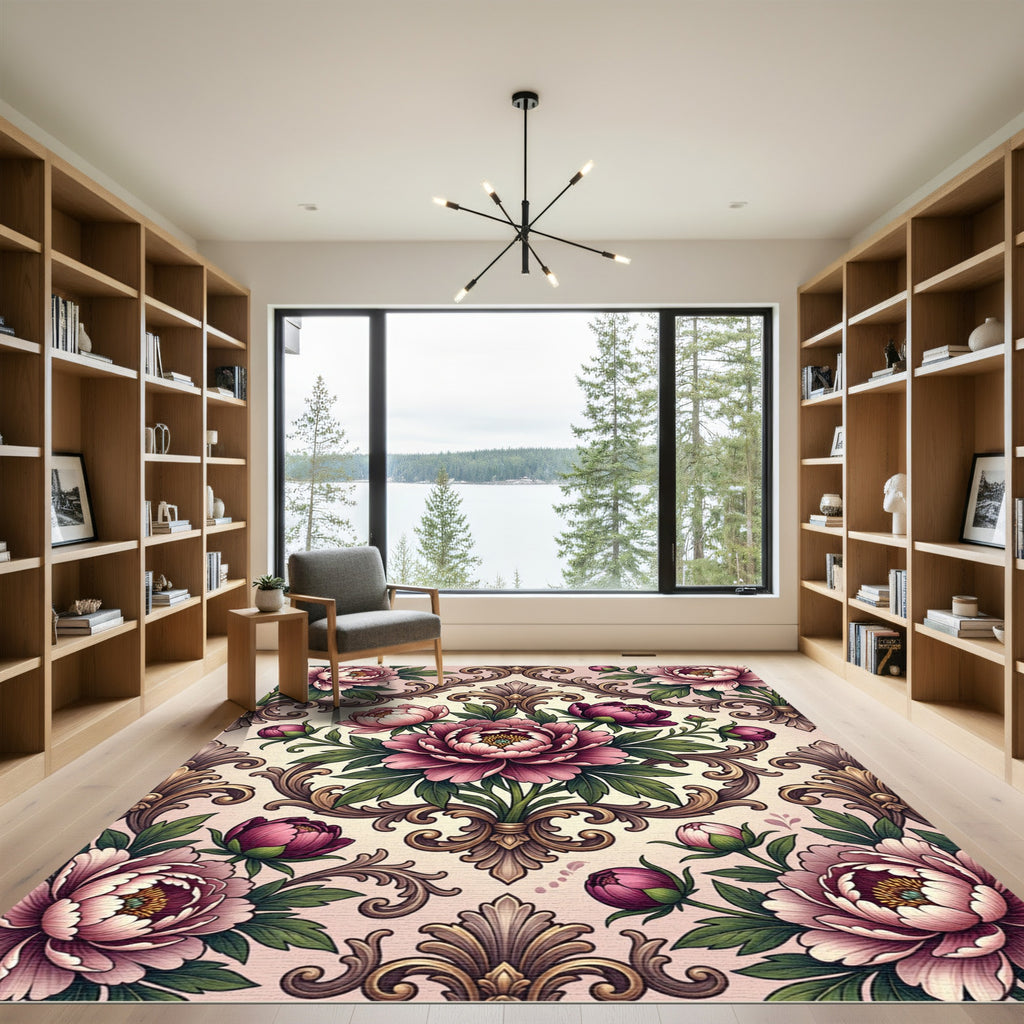 Elegant Pink Peony Damask Scroll Art Rug