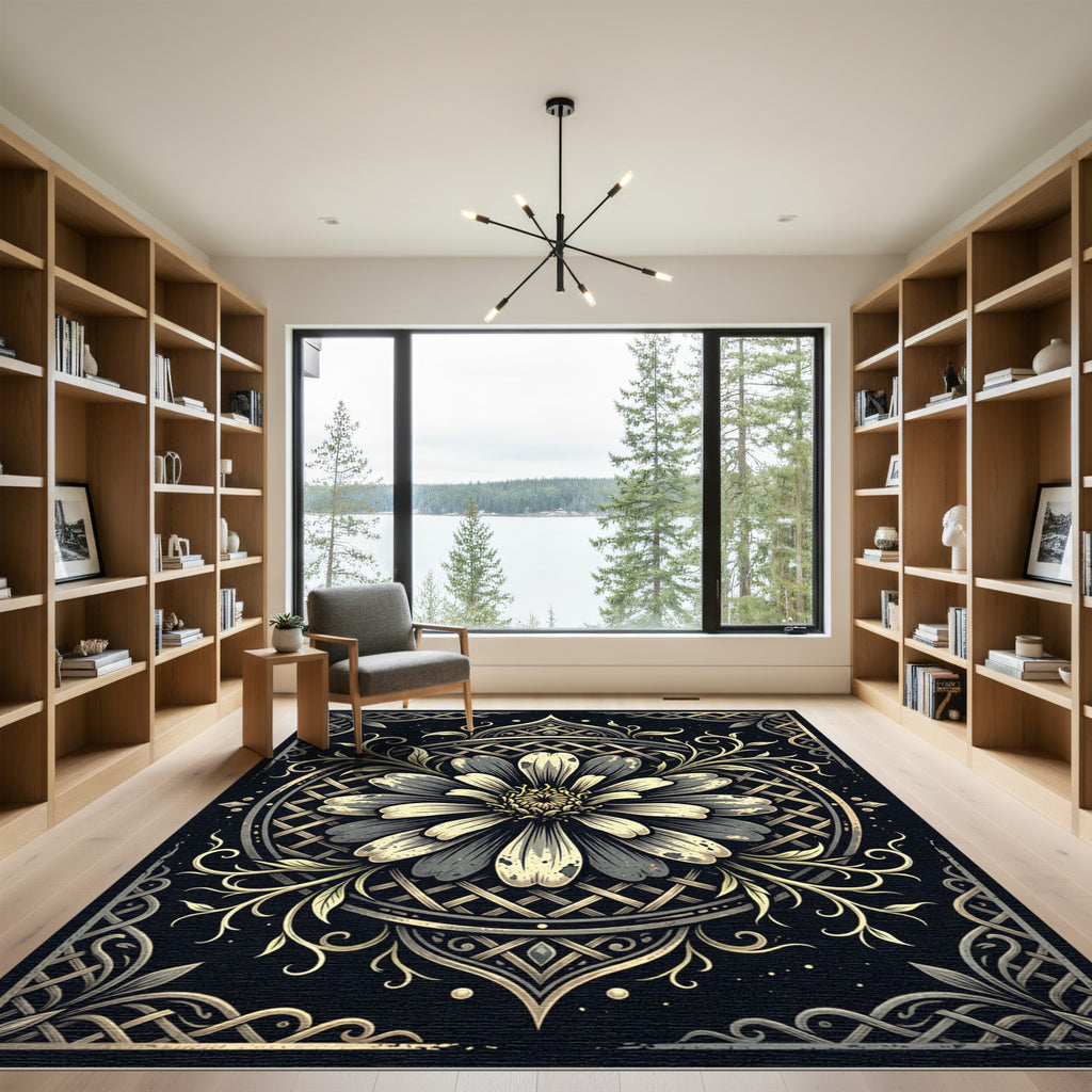 Elegant Monochrome Floral Circular Lattice Rug