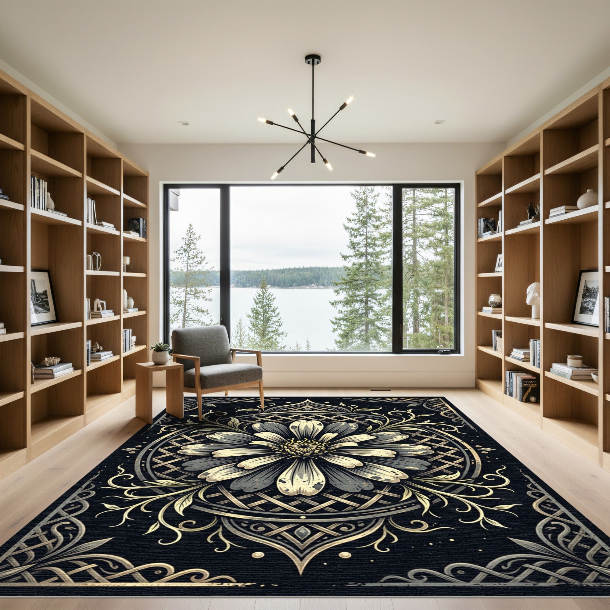 Elegant Monochrome Floral Circular Lattice Rug