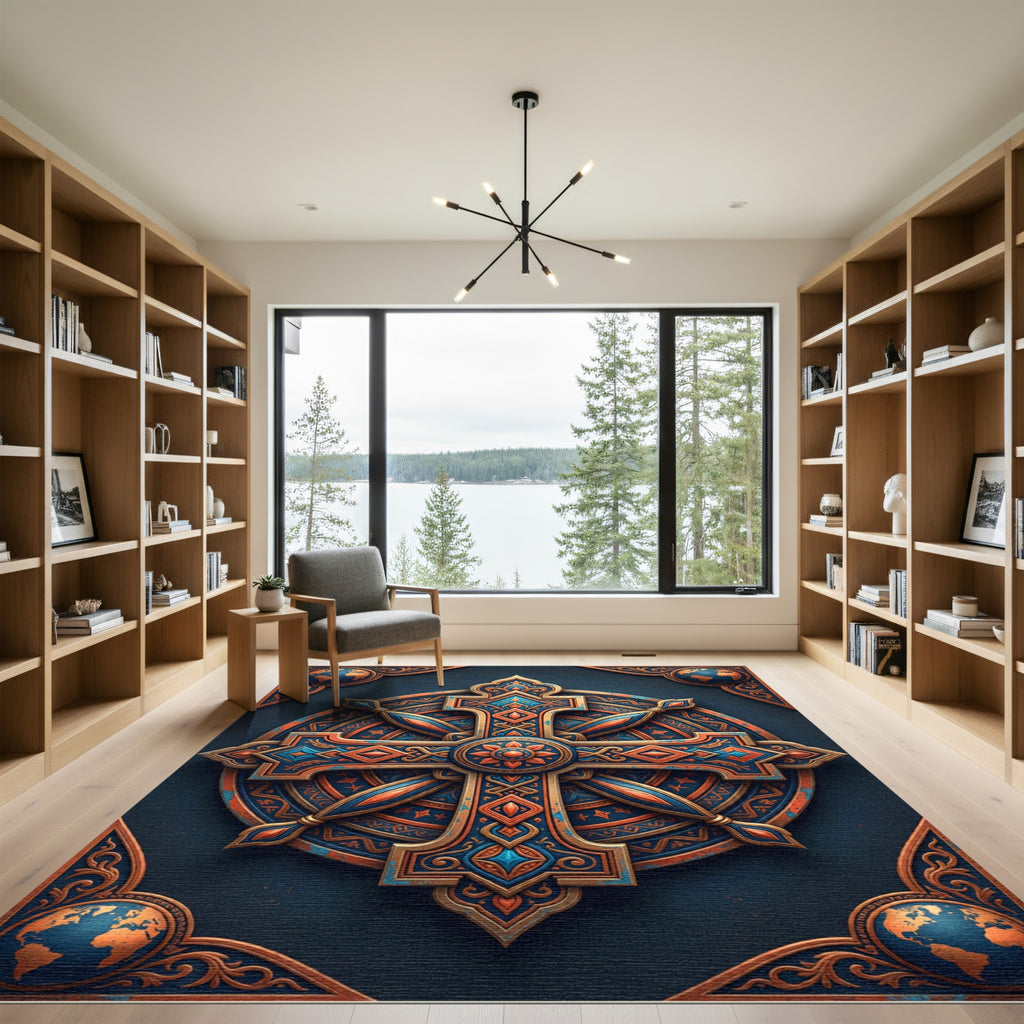Ornate Copper Blue Compass Cross Medallion Rug