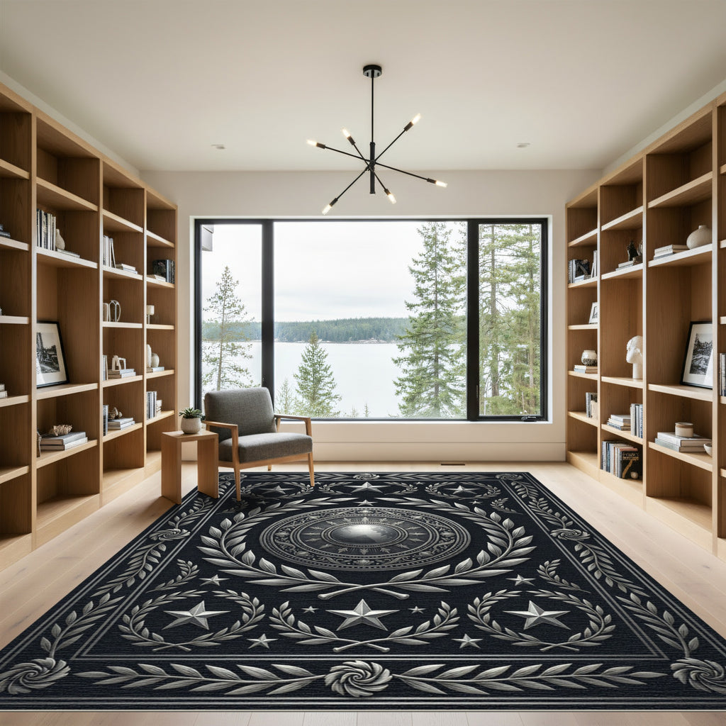 Metallic Silver Celestial Emblem Ornate Rug