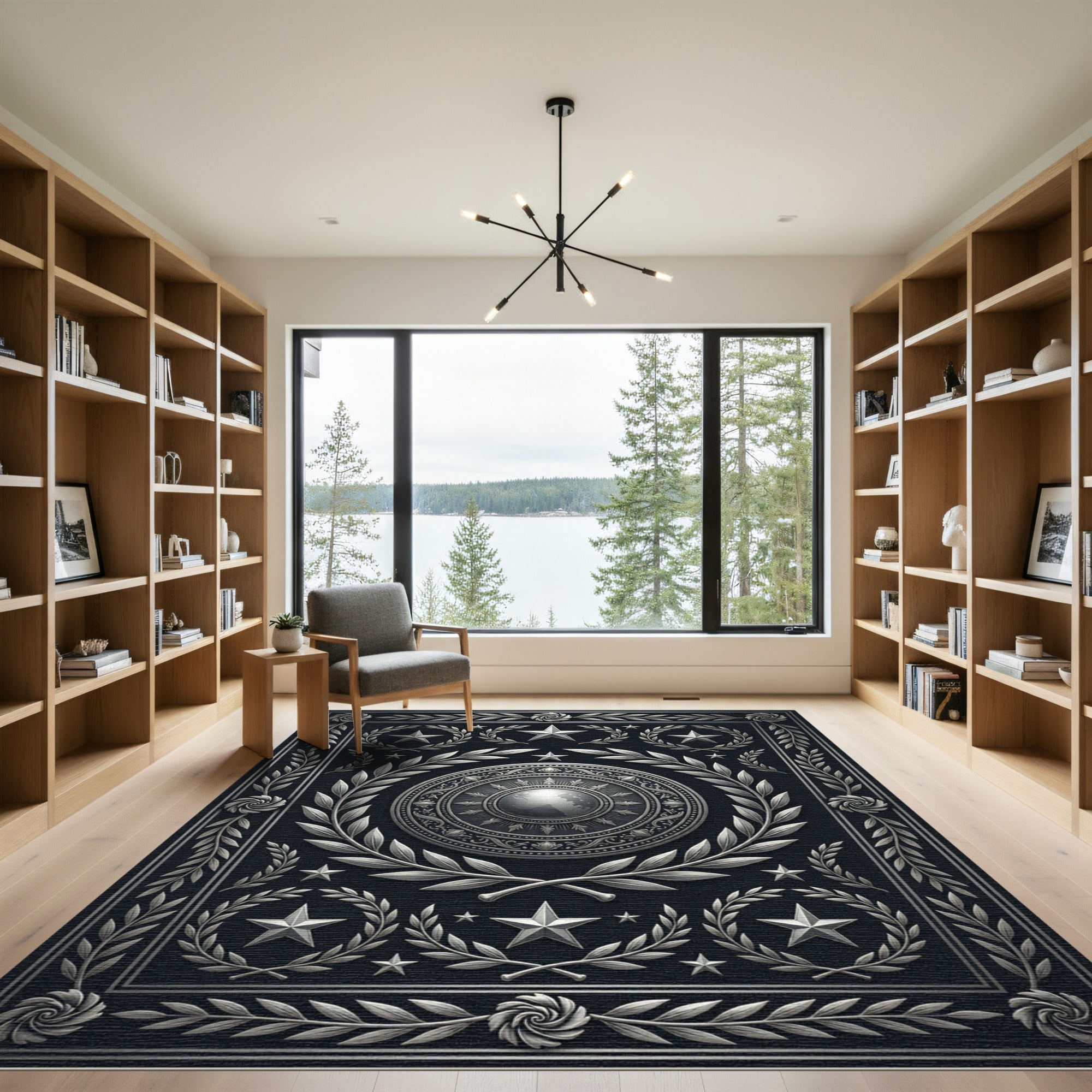 Metallic Silver Celestial Emblem Ornate Rug