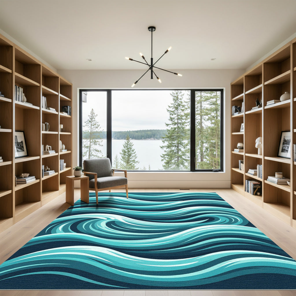 Modern Teal Abstract Ocean Flow Rug