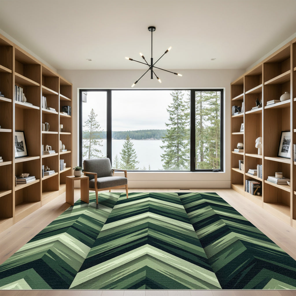 Forest Green Chevron Geometric Layers Rug