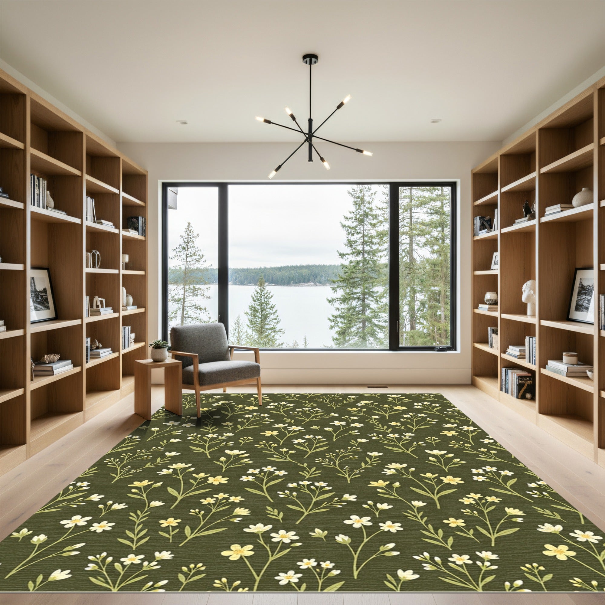 Olive Green Botanical Meadow Floral Rug