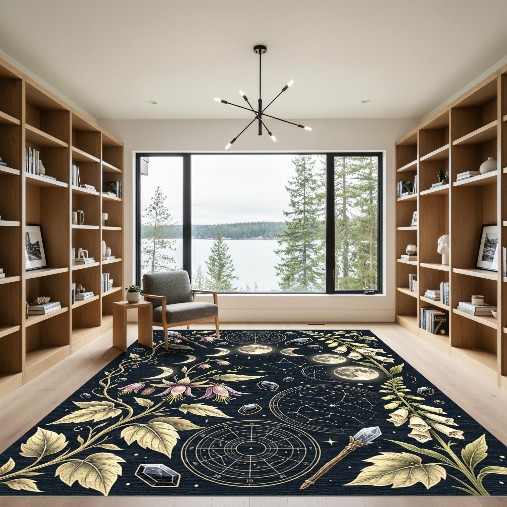 Celestial Moon Phase Floral Gold Rug