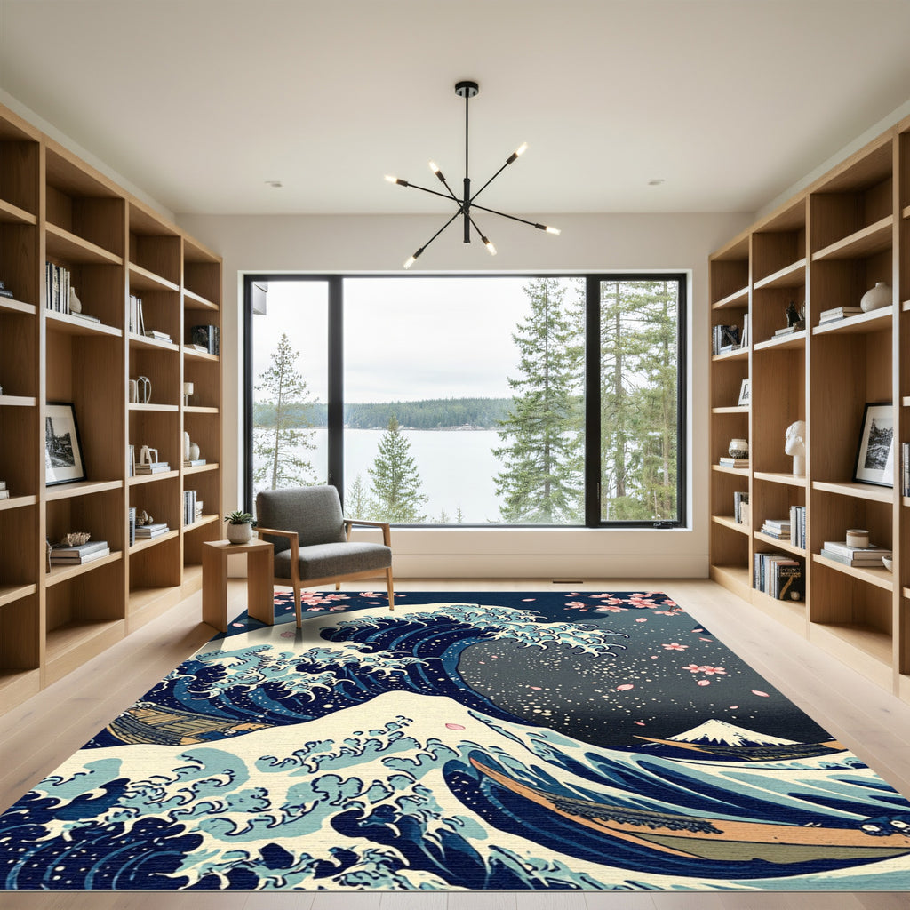Indigo Wave and Cherry Blossom Art Rug