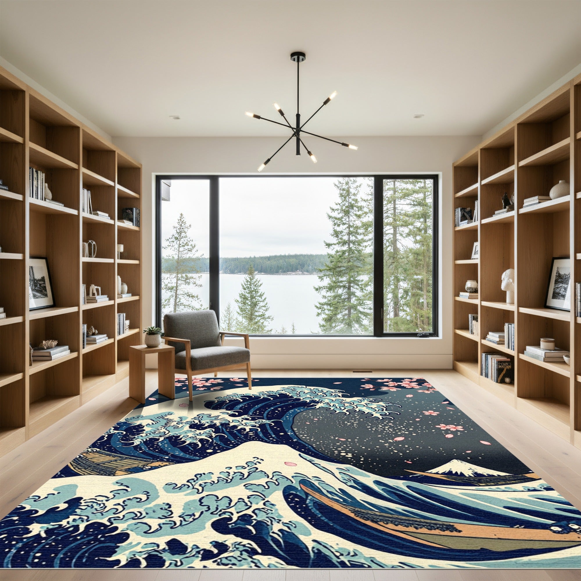 Indigo Wave and Cherry Blossom Art Rug