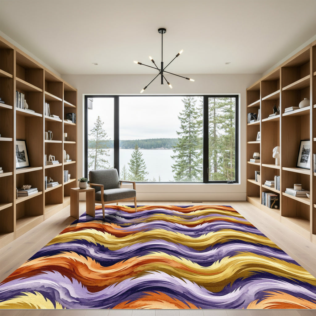 Golden Purple Abstract Wavy Swirls Rug