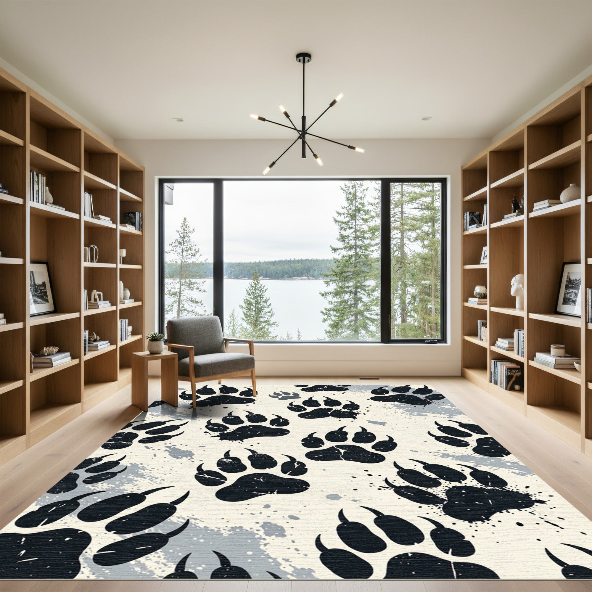 Distressed Charcoal Bear Paw Print Art Rug