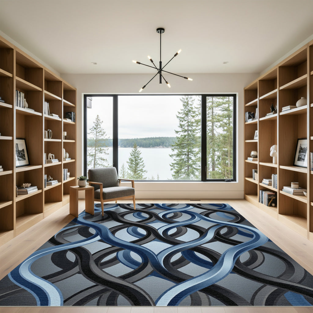 Modern Charcoal and Blue Interlocking Wave Rug