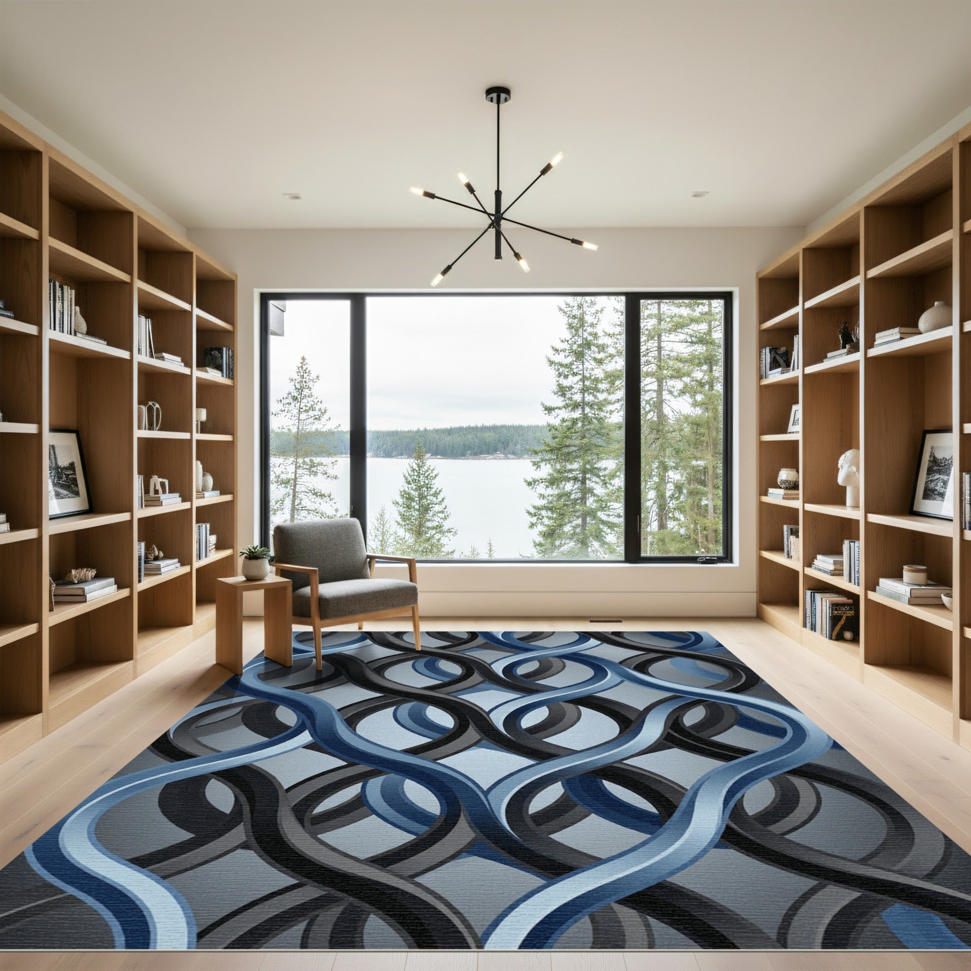 Modern Charcoal and Blue Interlocking Wave Rug