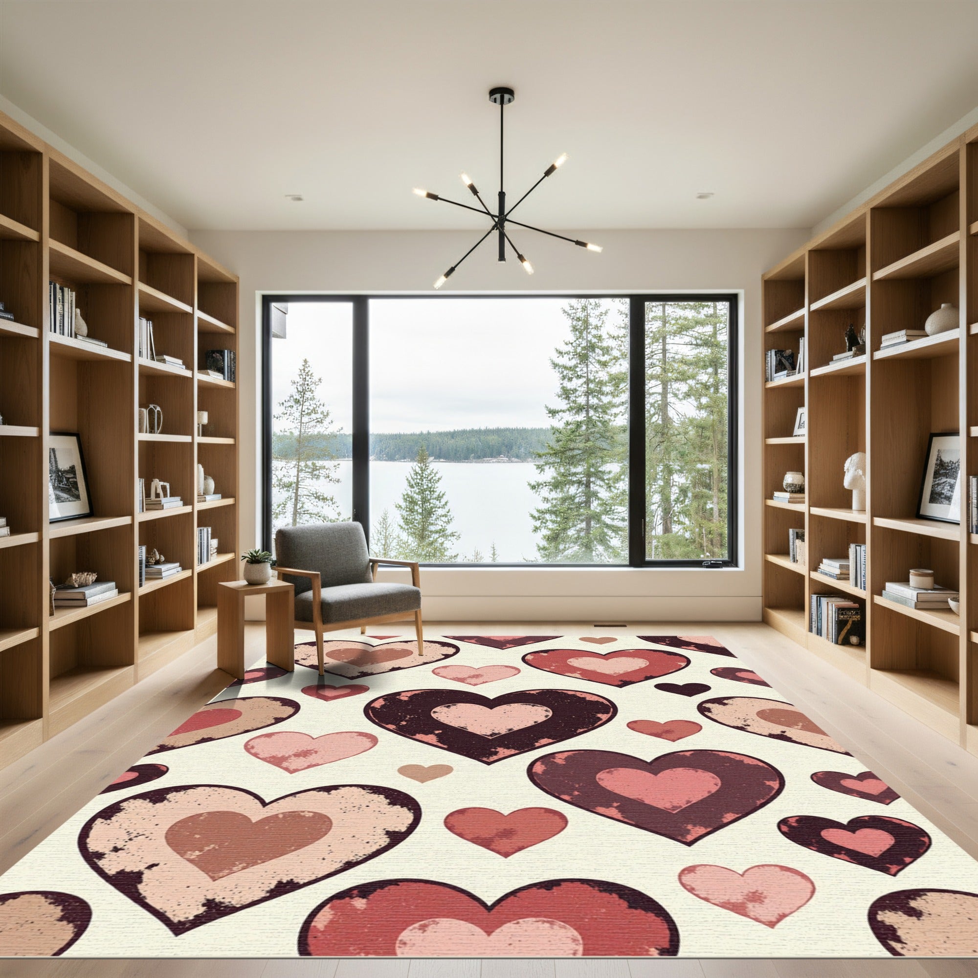 Distressed Romantic Heart Collage Cream Red Rug
