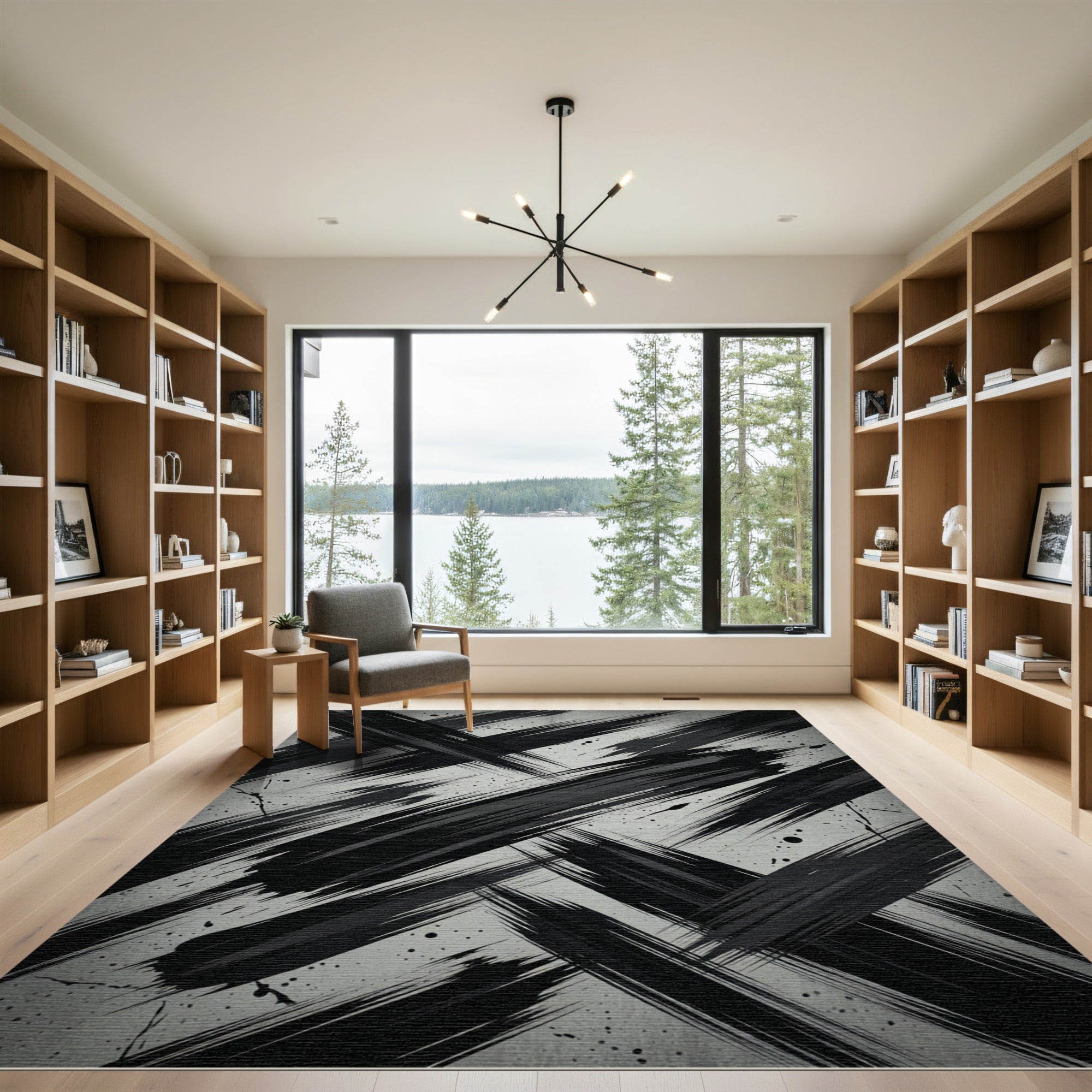 Monochrome Black and White Abstract Brushstroke Rug