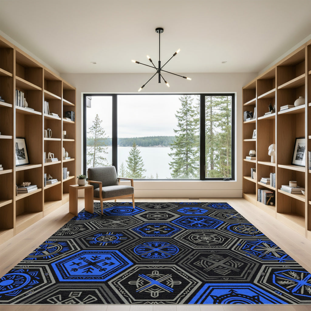 Geometric Hexagonal Azure and Charcoal Shorthand Rug