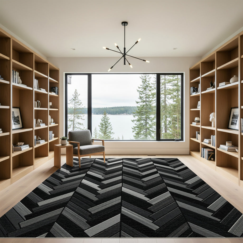 Monochrome Herringbone Charcoal Linear Arrangement Rug