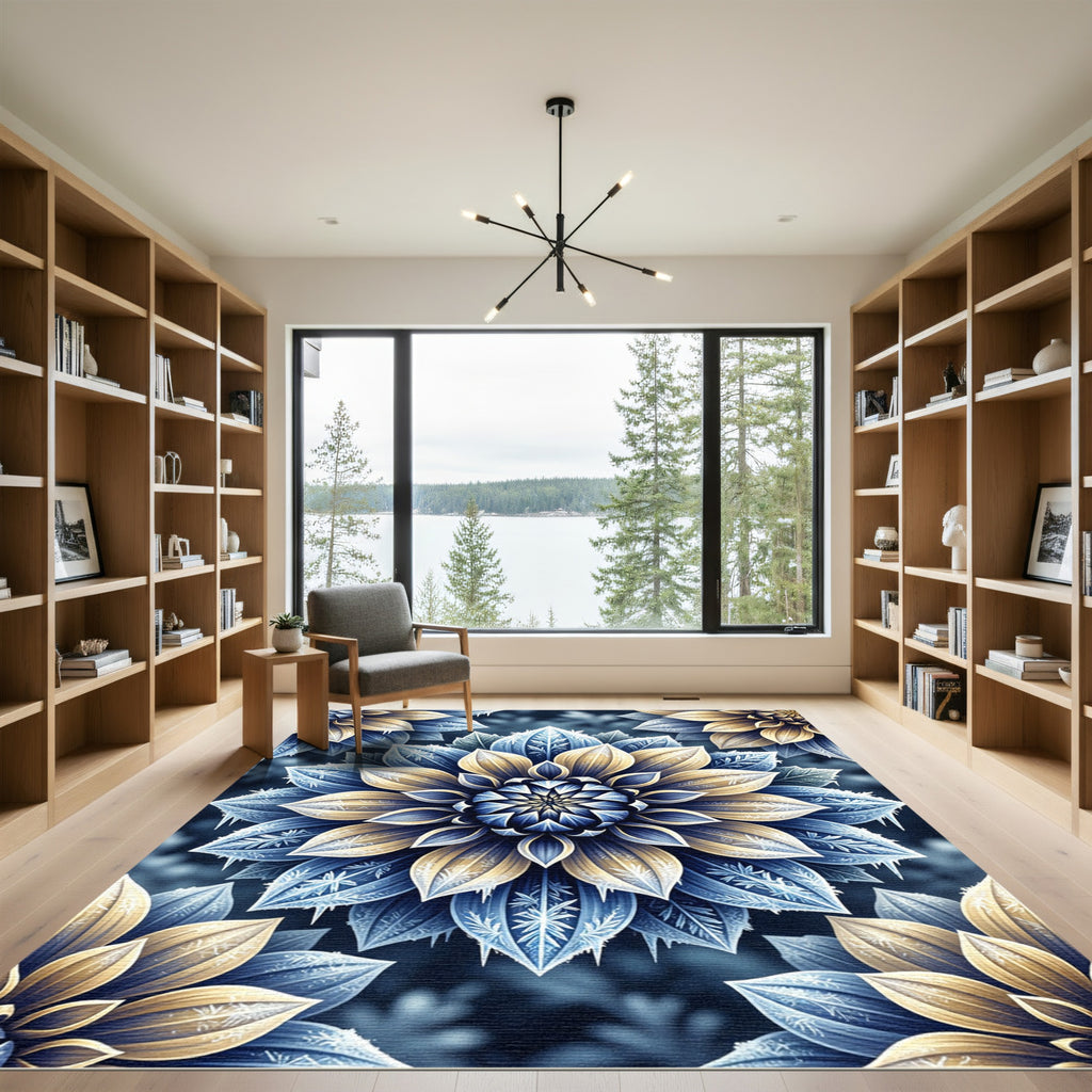 Frosted Blue and Gold Floral Mandala Rug