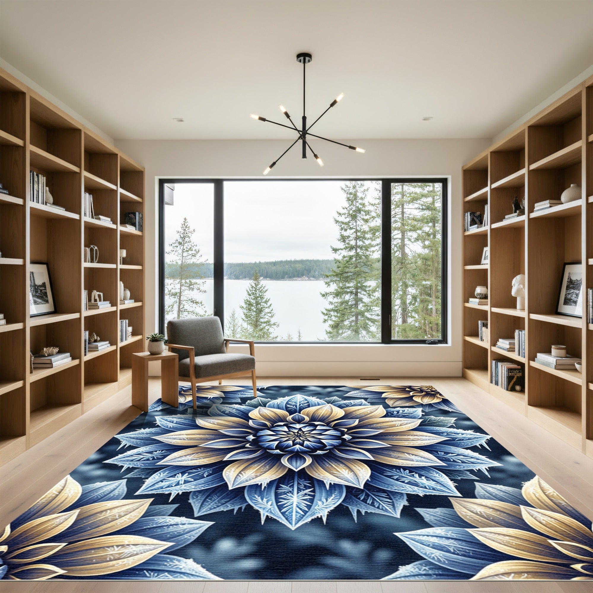 Frosted Blue and Gold Floral Mandala Rug