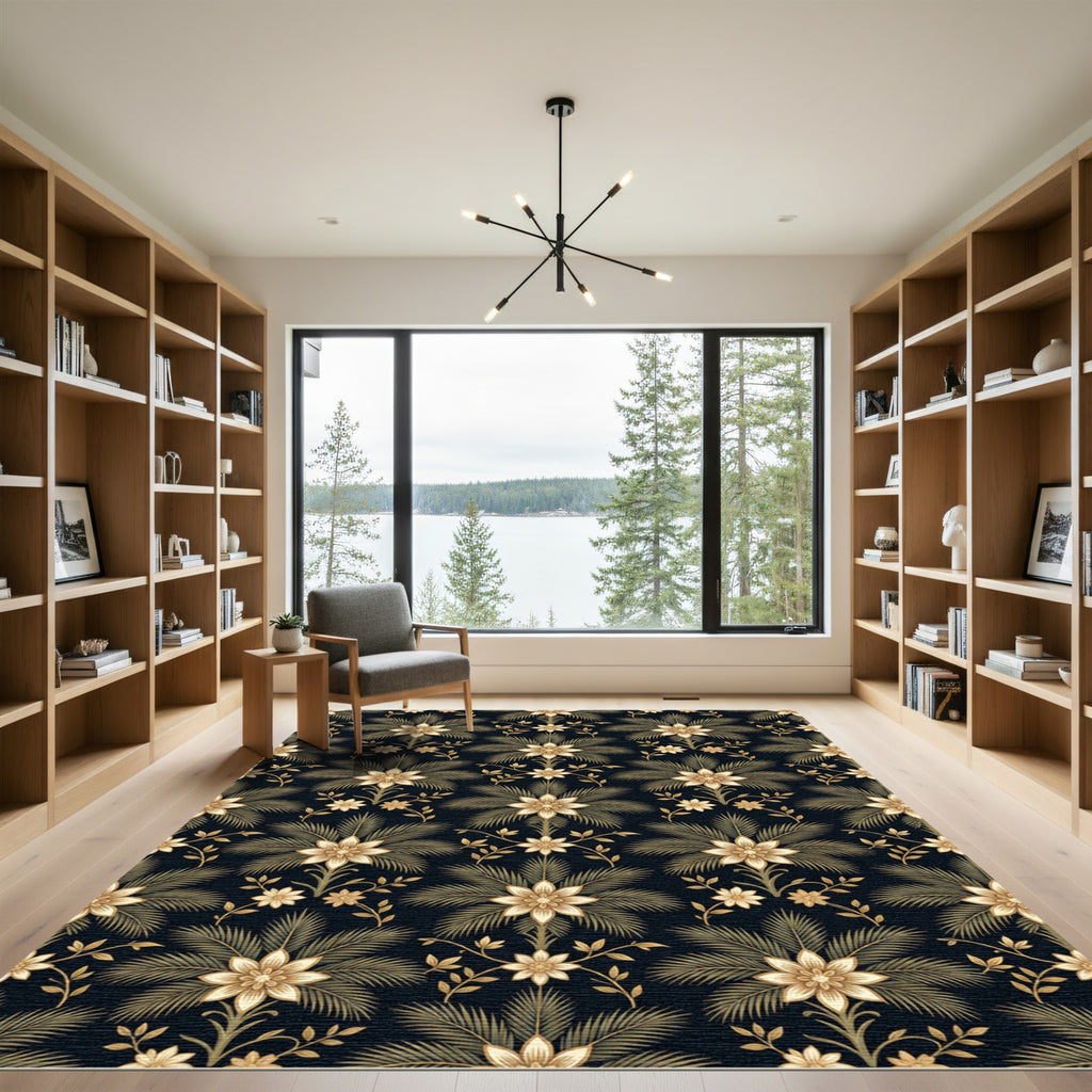 Golden Palm Floral Dark Botanical Rug