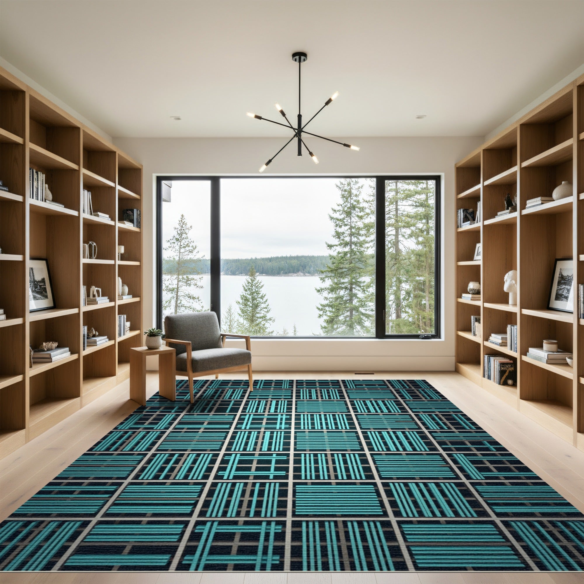 Teal Grid Geometric Weave Rug