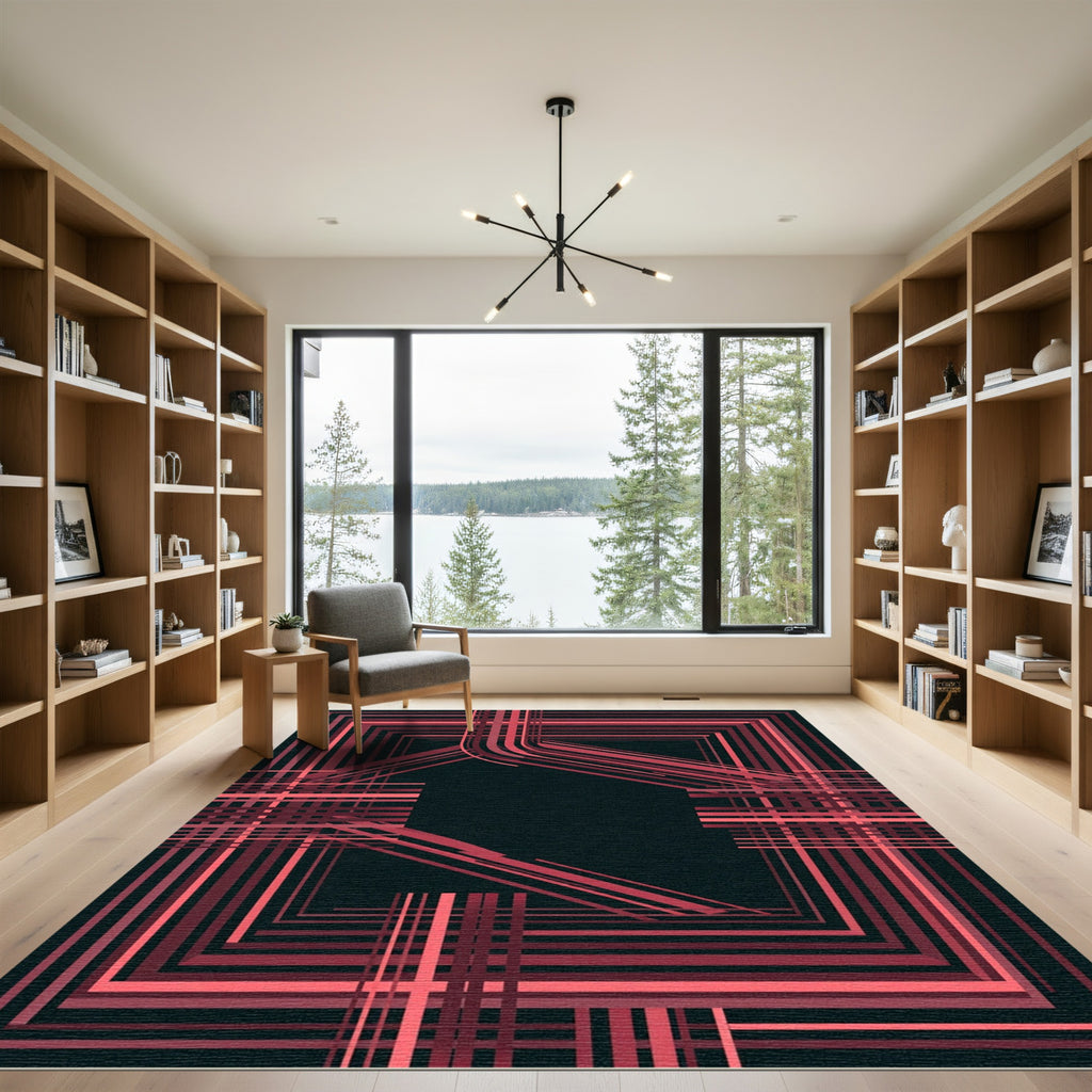 Crimson Geometric Lines Abstract Frame Rug