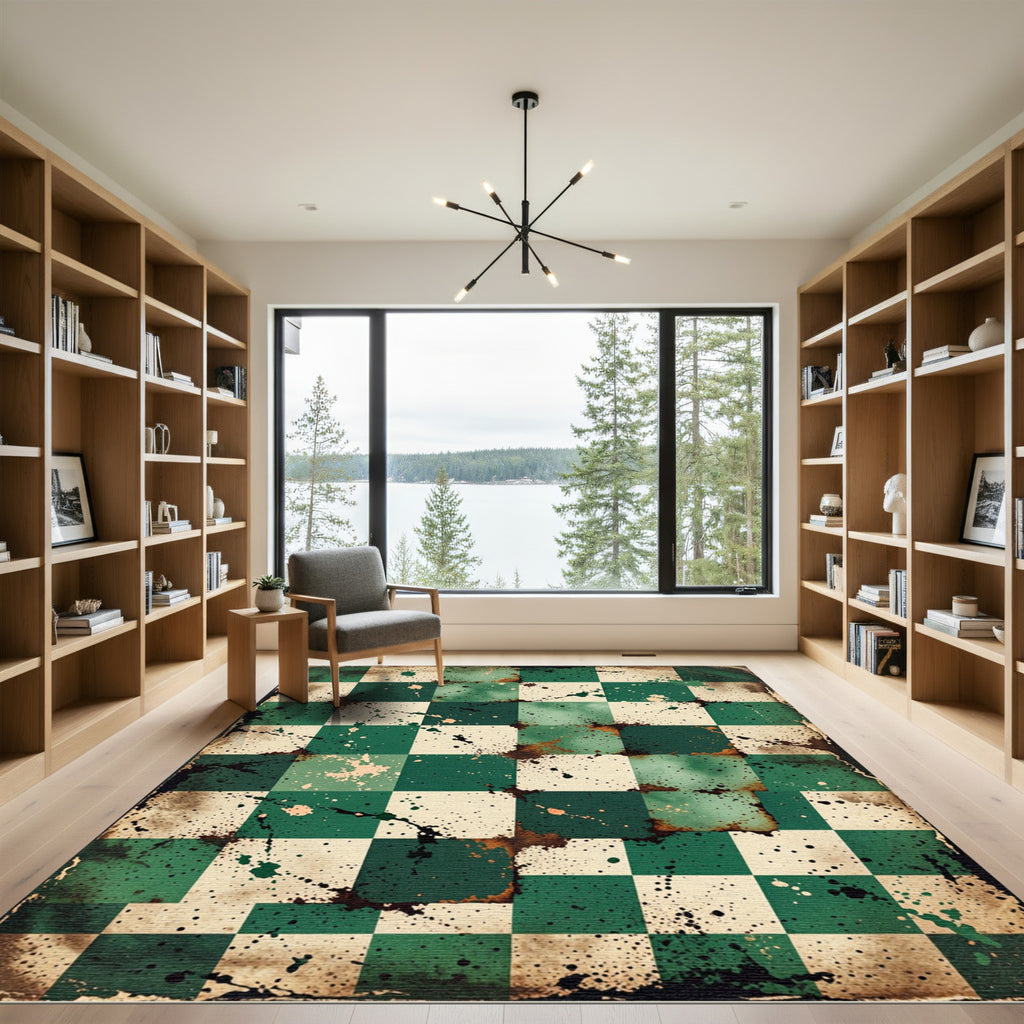 Distressed Emerald and Cream Checkerboard Rug