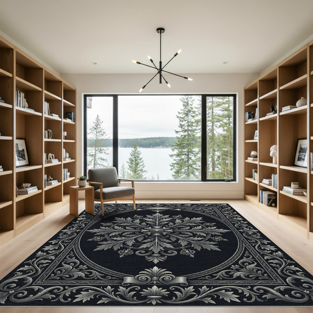 Ornamental Leaf Symmetry Black Silver Rug