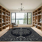 Ornamental Leaf Symmetry Black Silver Rug