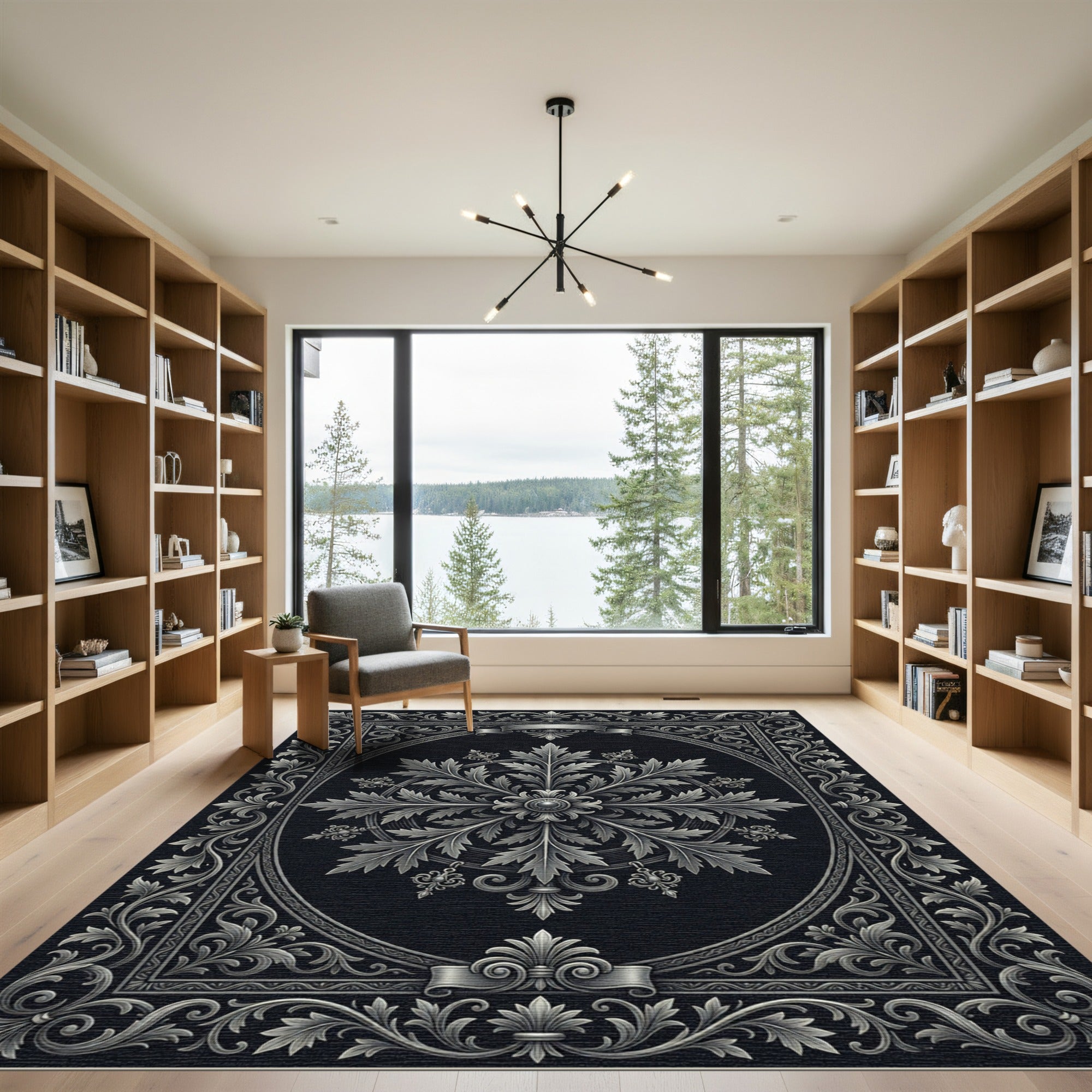 Ornamental Leaf Symmetry Black Silver Rug