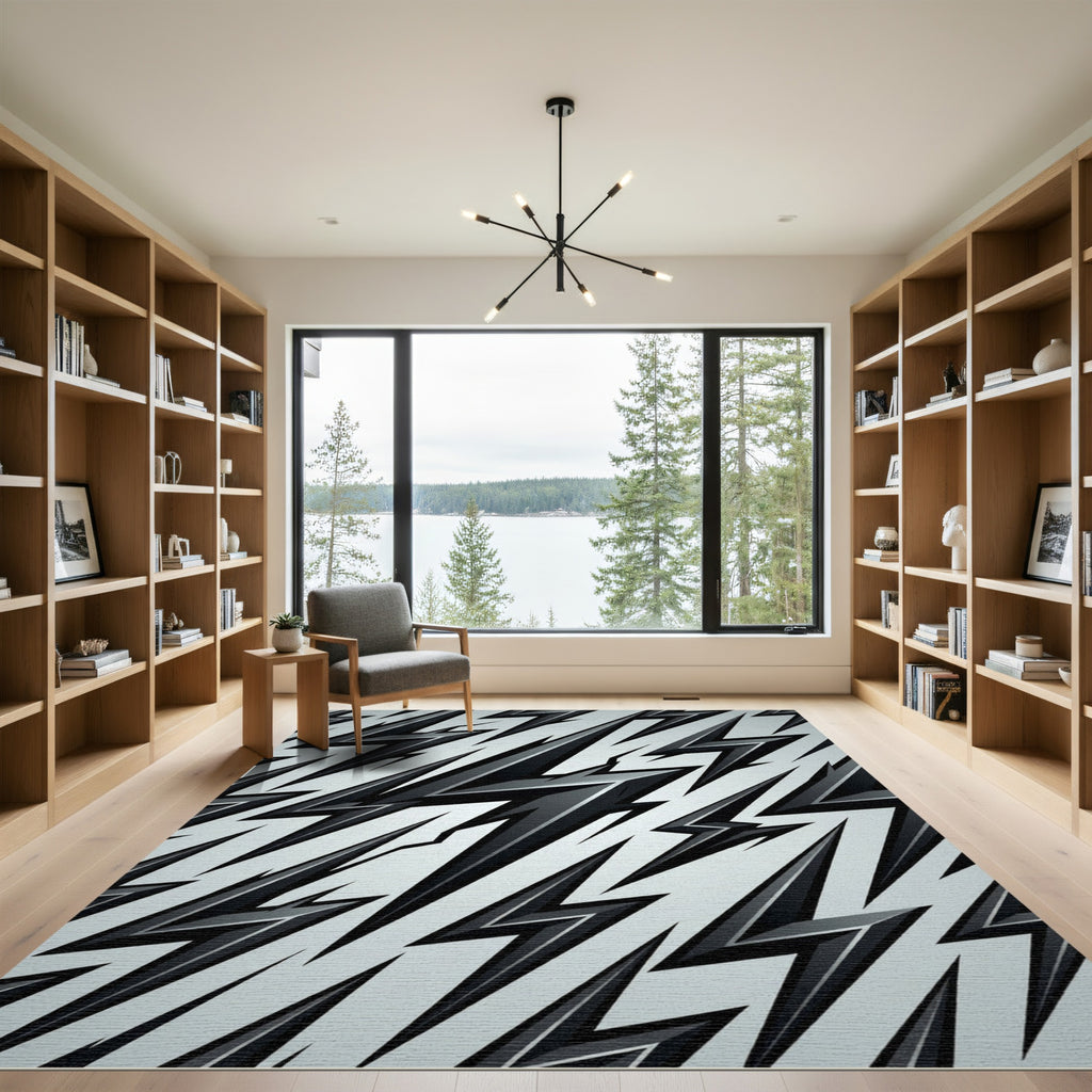 Sharp Black Lightning Bolt Graphic Rug