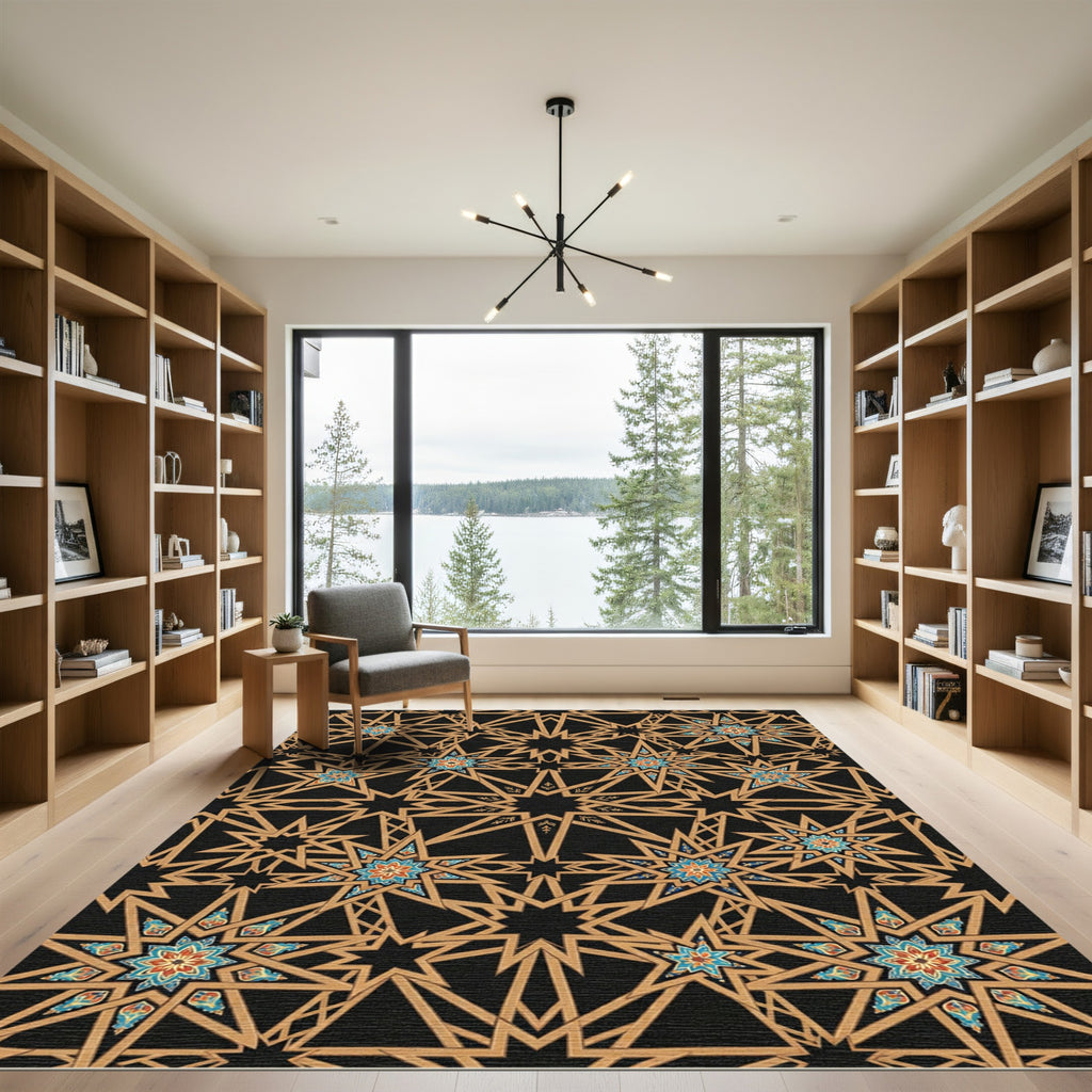 Golden Geometric Interlocking Star Constellation Rug