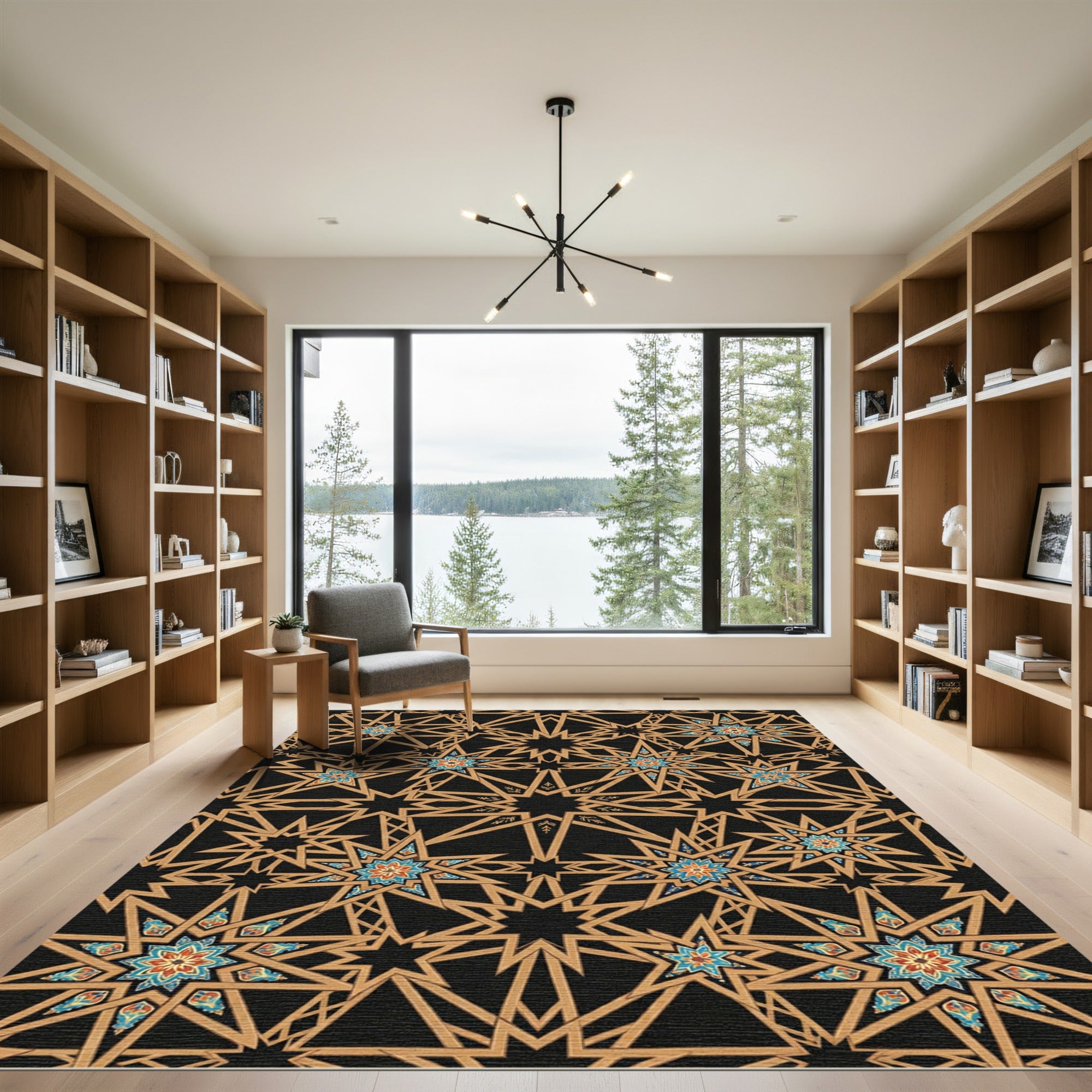 Golden Geometric Interlocking Star Constellation Rug