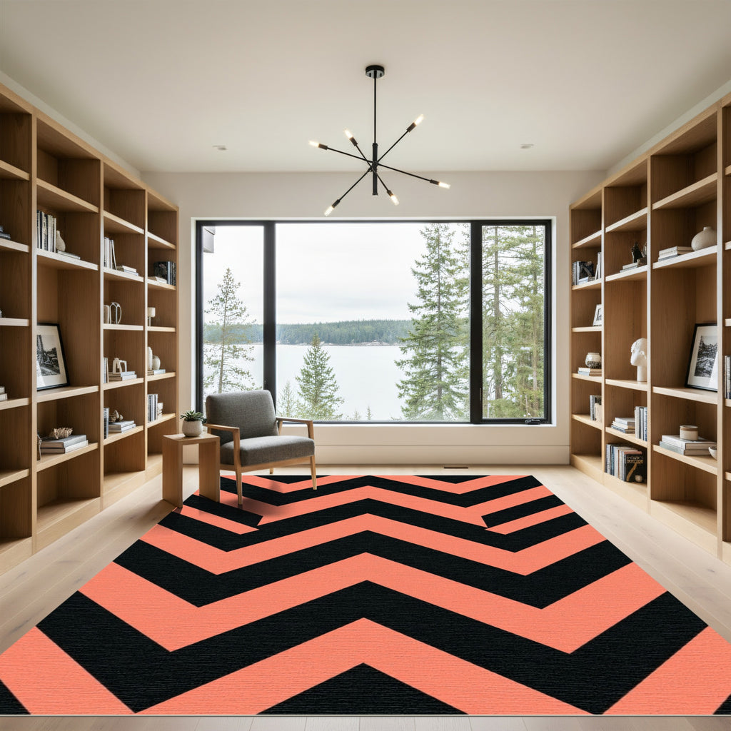 Bold Salmon and Black Geometric Chevron Rug
