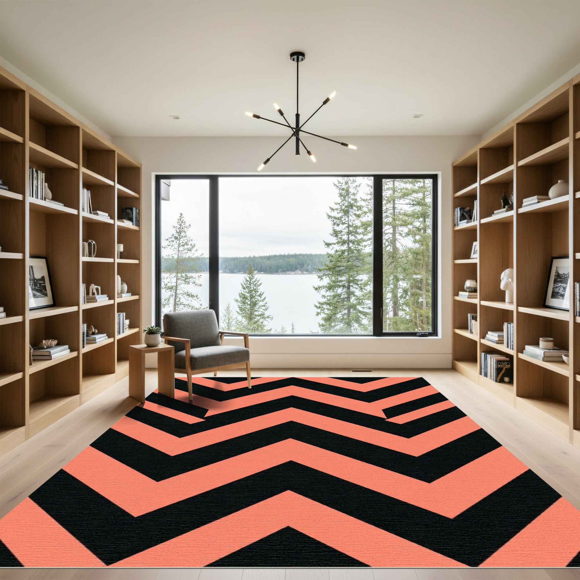 Bold Salmon and Black Geometric Chevron Rug