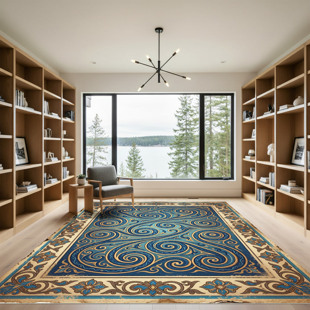 Cerulean Swirls and Golden Filigree Flourish Rug