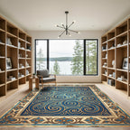Cerulean Swirls and Golden Filigree Flourish Rug
