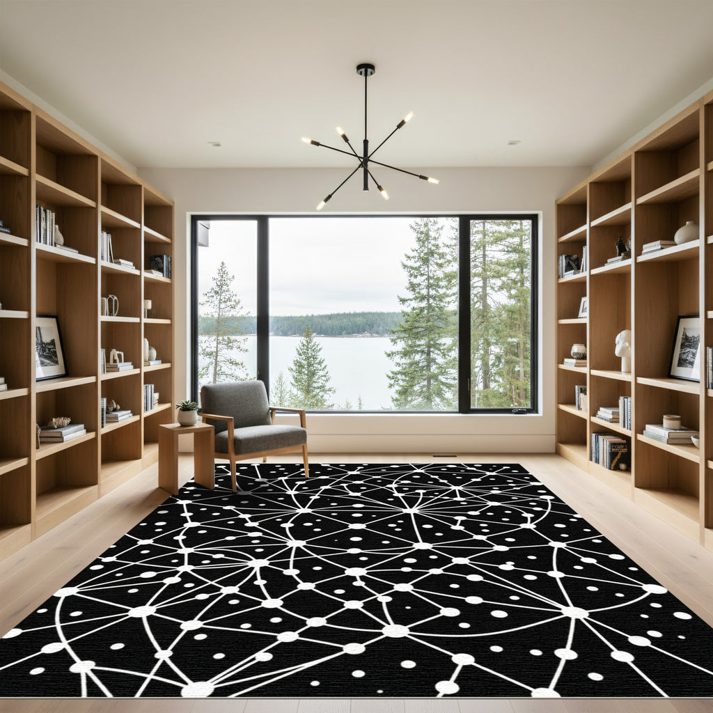 Contemporary Monochromatic Geometric Network Constellation Rug