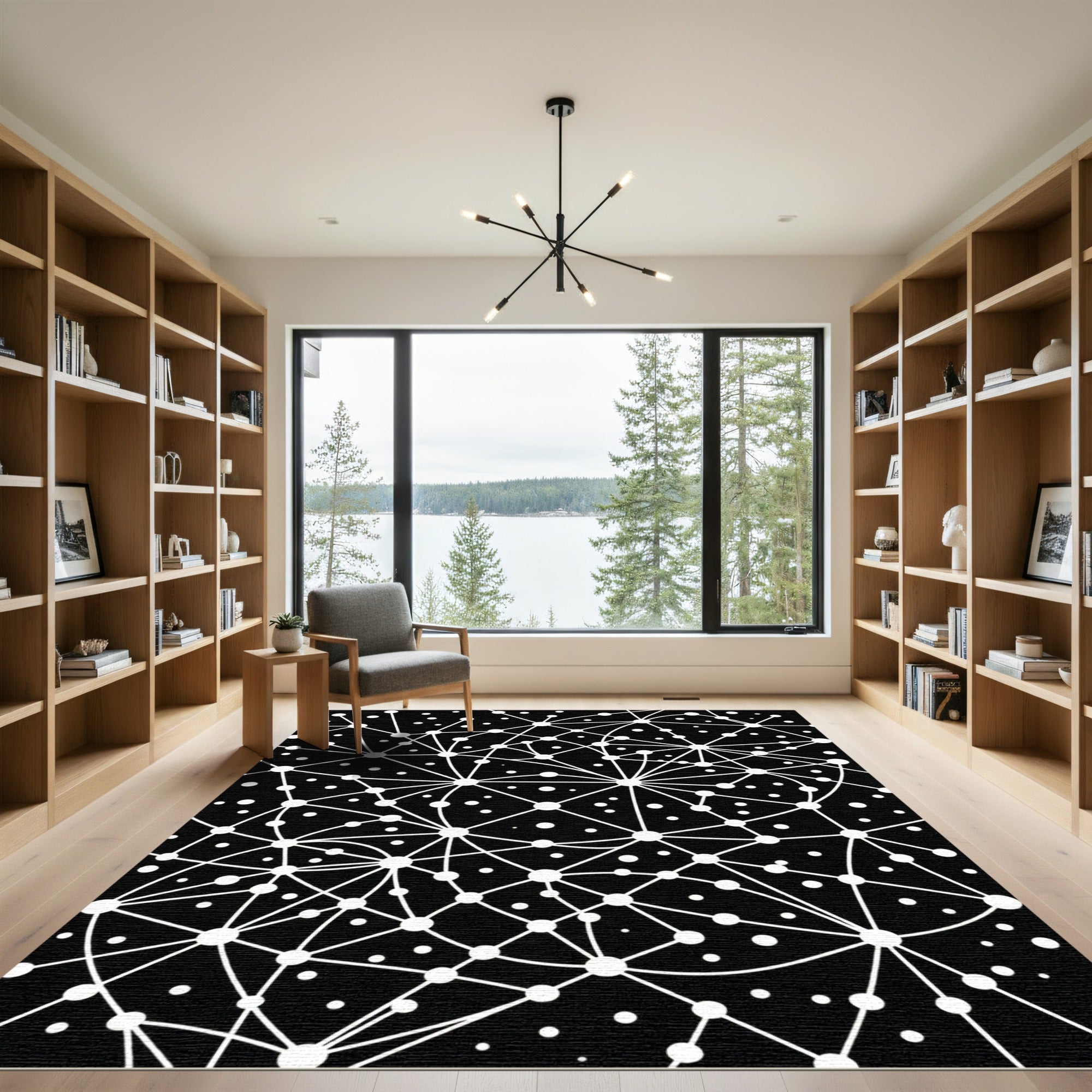 Contemporary Monochromatic Geometric Network Constellation Rug