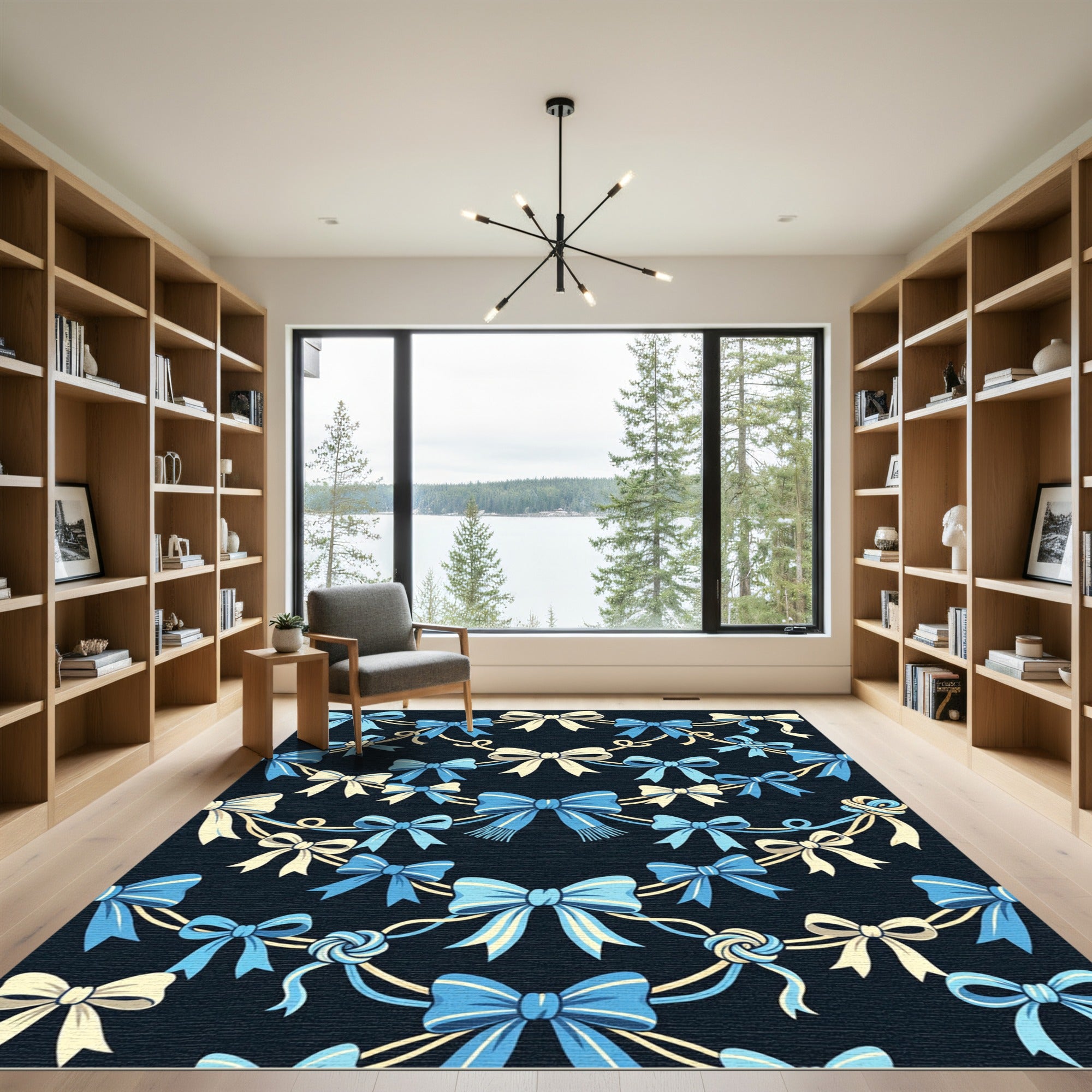 Elegant Blue Ribbon Bow Garland Rug
