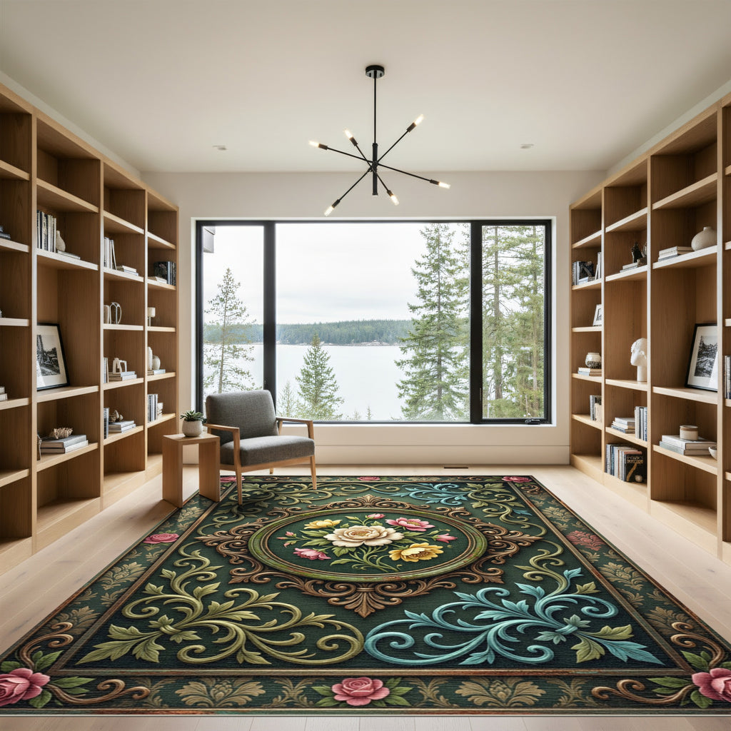 Elegant Moody Floral Medallion Sage Green Rug