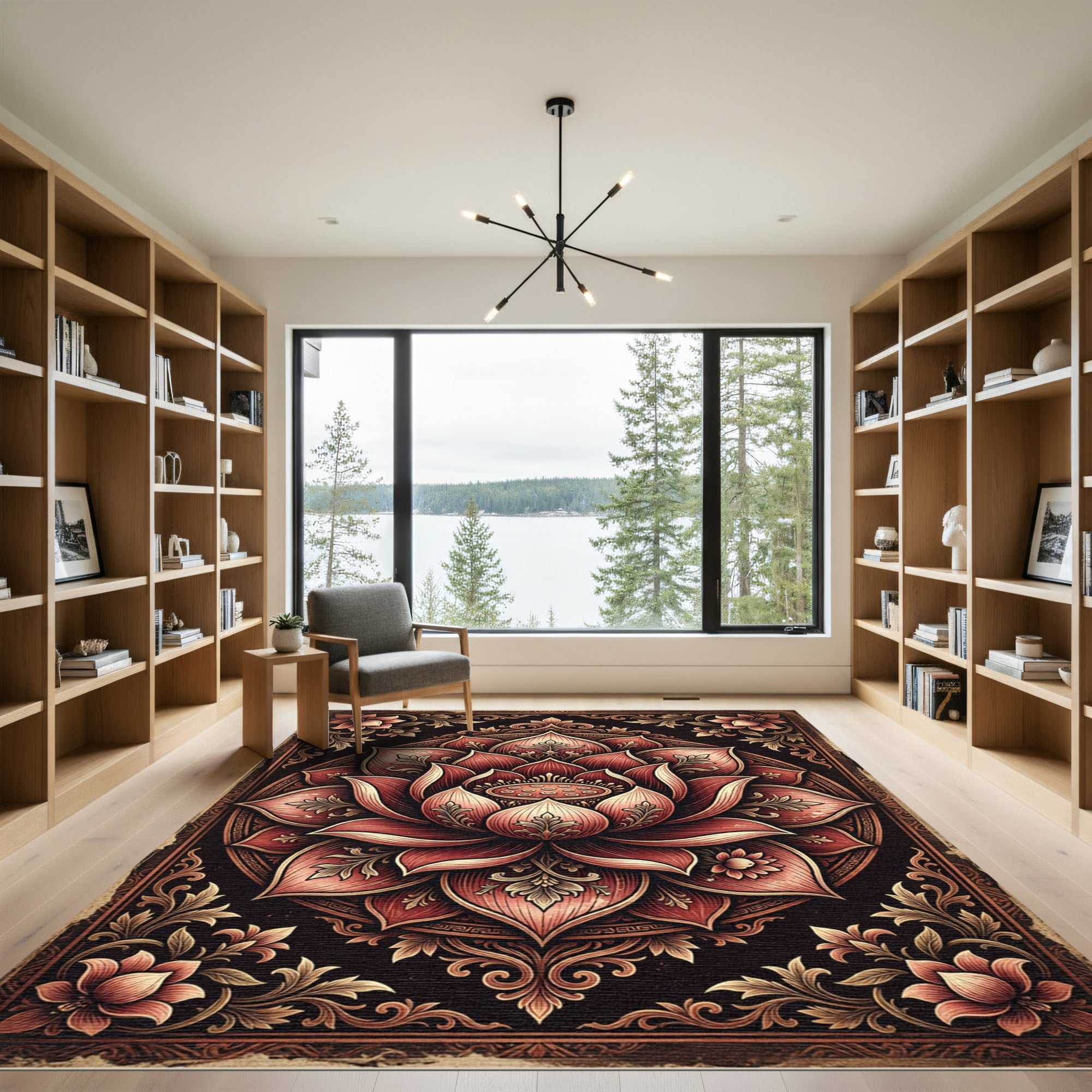 Ornate Crimson Lotus Floral Medallion Rug