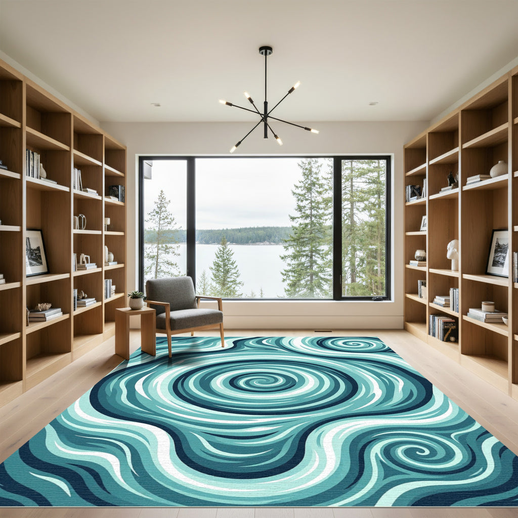Deep Cyan Abstract Swirl Wave Surface Rug