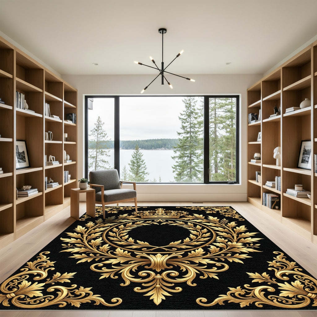 Regal Gold Crown Laurel Wreath Emblem Rug