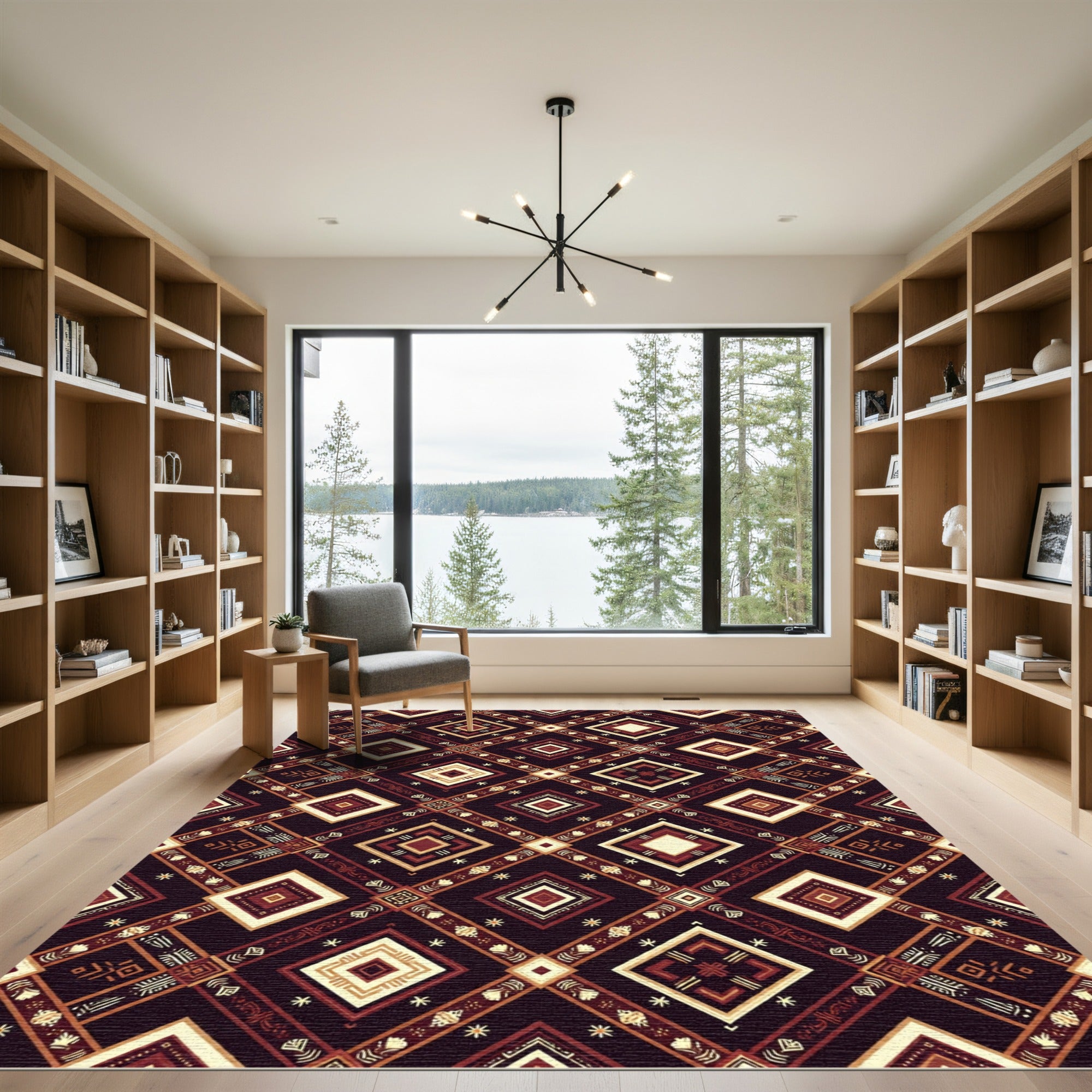 Dark Crimson Geometric Diamond Weave Rug