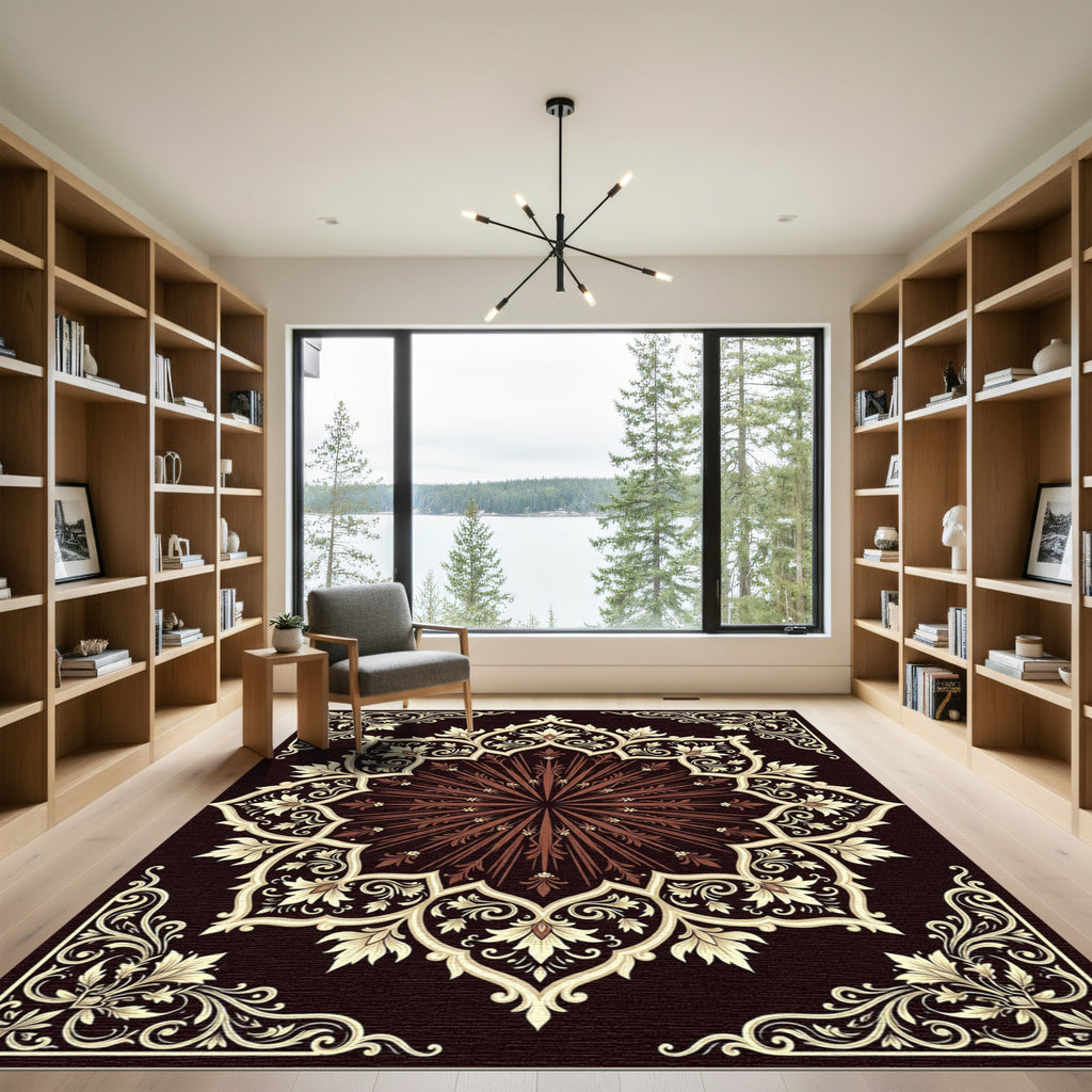 Dark Brown Victorian Floral Medallion Rug