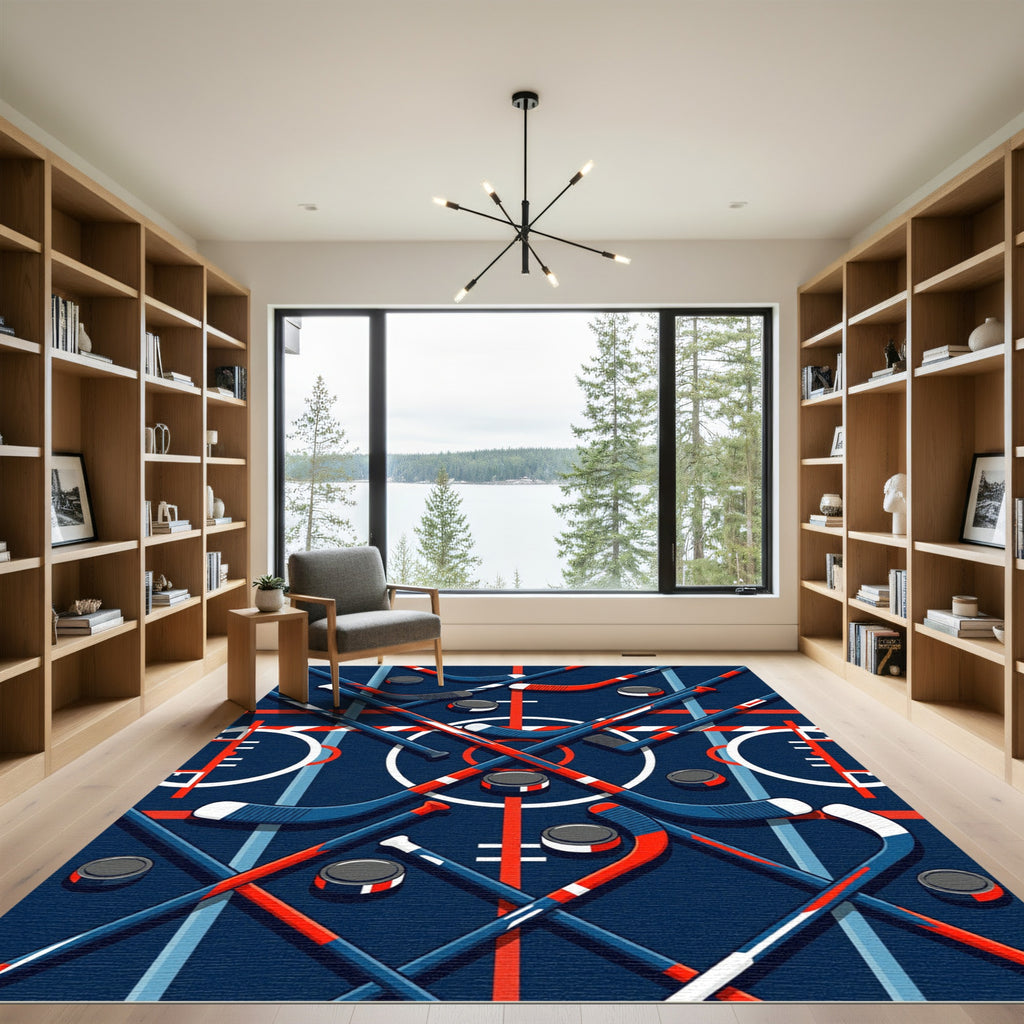 Modern Navy Hockey Stick Arena Grid Rug
