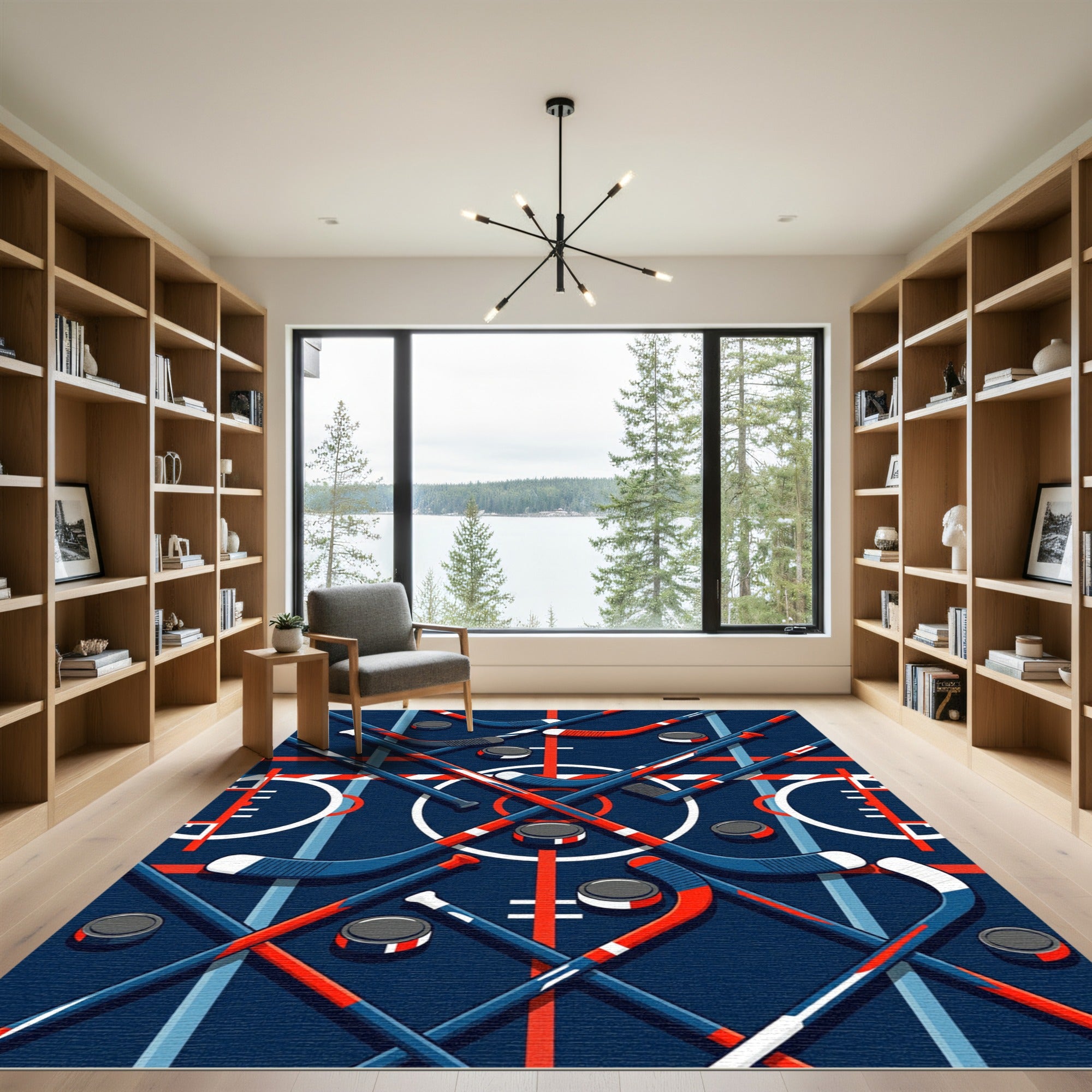 Modern Navy Hockey Stick Arena Grid Rug